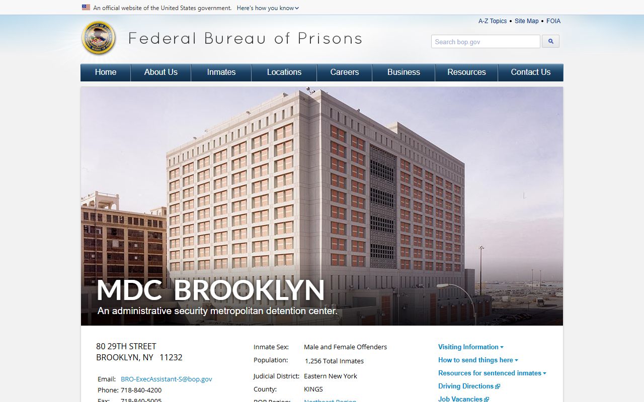 Metropolitan Detention Center Brooklyn BOP facility page for federal inmate records