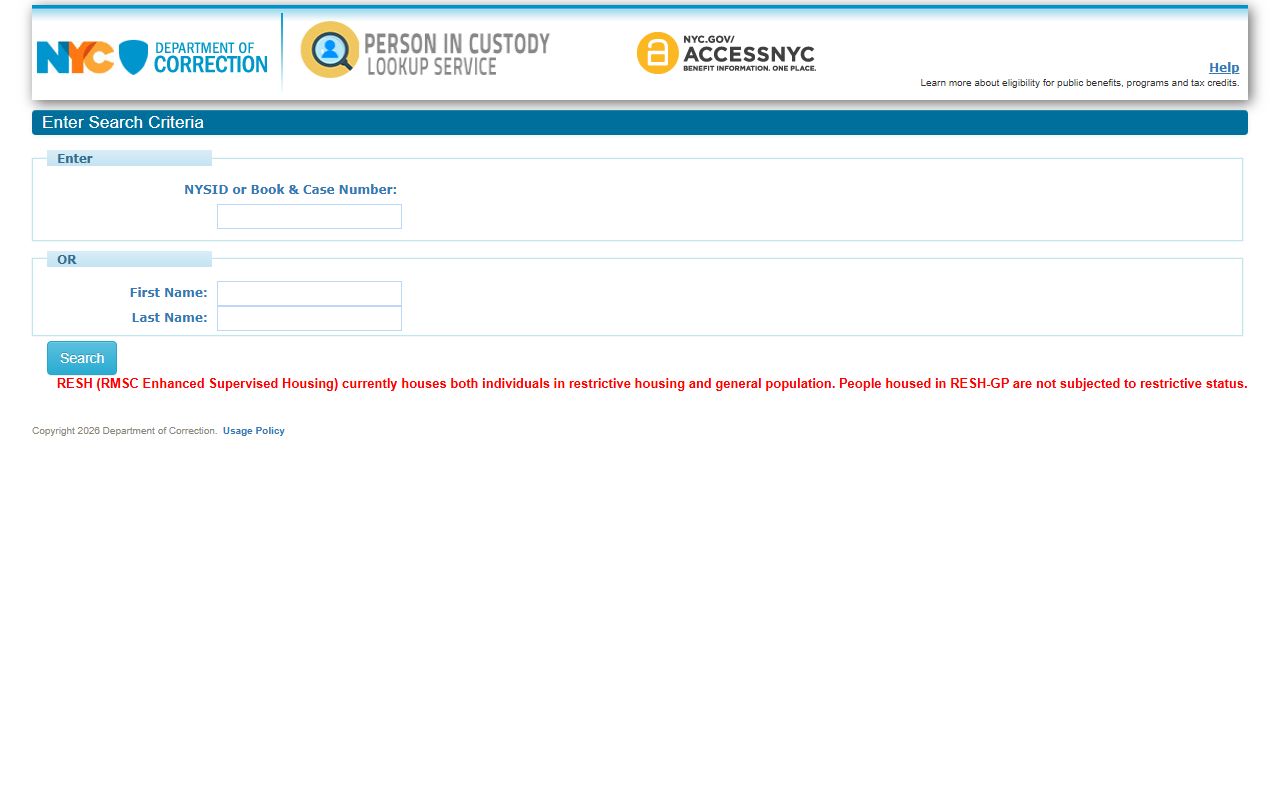 Kings County inmate population DOC Person in Custody Lookup form